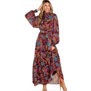 Free People AURA Floral Maxi Dress Burgundy Boho Mock Neck Lantern Sleeve Tiered